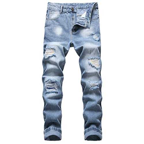 Dant Bulun Men's Ripped Distressed Destroyed Slim Fit Straight Leg Denim Jeans