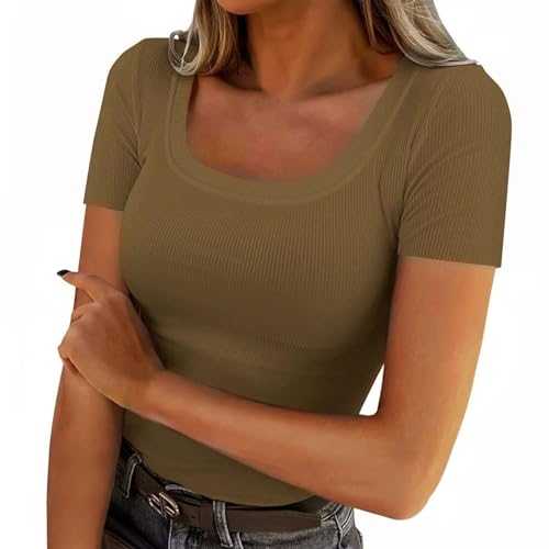 CGGMVCG Fitted T Shirts for Women 2025 Ribbed Knit Slim Fit Square Neck Tshirt Short Sleeve Casual Women's Tops