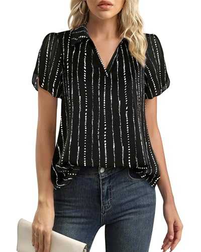 Lotusmile Womens Summer Chiffon Puff Sleeve Tops V Neck Dressy Work Shirt Blouses