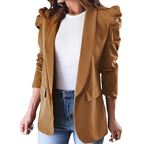 Women's Long Sleeve Winter Fall Lapel Open Front Solid Color Ruched Puff Sleeve Blazers for Women Business Casual Womens Suit Jacket Women's Lightweight Jacket Womens Blazer Jackets
