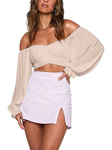 Avanova Women's Ruffle Long Sleeve Off Shoulder Tie Up Back Crop Top Blouse