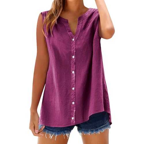 Womens Sleeveless Blouses Loose Fitting V Neck Tank Tops Summer Shirts Linen Blend Top - Breathable Camisole for Summer, Casual Vest Beach Holiday UK Sizes S-5XL
