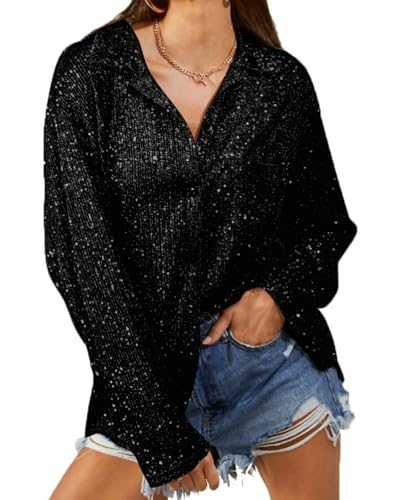 MINTLIMIT Sequin Button Down Shirt for Women Long Sleeve Sparkly Top Glitter Cocktail Party Blouses Tops with Pocket