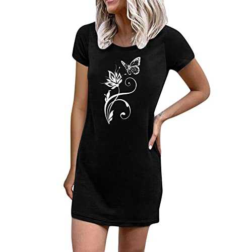 Flowing Dresses for Women Women's Crew Neck Creative Butterfly Printed Tshirt Dresses Summer Short Sleeve Loose Swing Tunic Dress Mini Sundress Ladies Knee Length Dresses