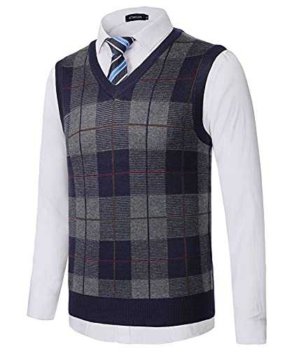 KTWOLEN Mens Argyle Sweater Vest V-Neck Sleeveless Jumper Slipover Wool Blend Knitted Gilets Knitwear Waistcoat Tank Top