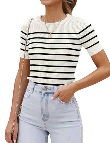 ZESICA Women's Short Sleeve Crewneck Striped T Shirt 2024 Summer Ribbed Knit Slim Fit Casual Basic Tee Tops