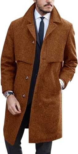 Ebifin Mens Trench Coat Wool Blend Notch Lapel Single Breasted Long Pea Coat Casual Business Overcoat