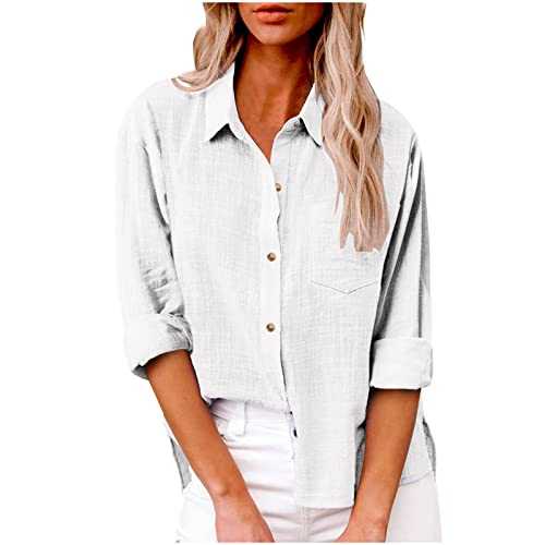 Womens Tops Dressy UK Casual Summer Button Down Cotton Linen Shirts Work Office Women Blouse and Shirts Roll Up Long Sleeve Lapel Blouses Trendy Loose Fit Ladies Tops Spring Shirts