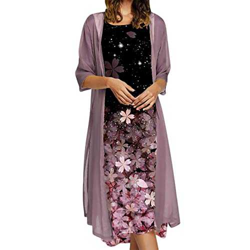 Sleeveless Maxi Dress with Sheer Cardigans Set, Womens 2 Pieces Outfits, Women Floral Print 3/4 Sleeve Boho Loose Fit Baggy Long Dresses, Summer Wedding Guest Elegant Party Beach Dress