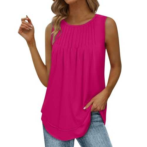 Summer Tank Tops Women Pleated Tops for Women UK Sleeveless T Shirts Loose Cotton Camisole Tops Crewneck Baggy Workout Vest Tank Shirts Long Vest Beach Camis Swing Tops