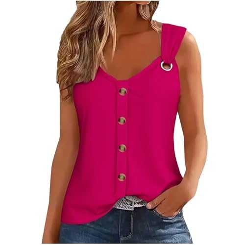 Vest Tops Women V-Neck Camisoles Button Strap T Shirts Ladies Summer Tops Elegant Going Out Cami Tops Regular Fit Sleeveless Tshirt Swing Vests Blouses Solid Loose Tank Top UK