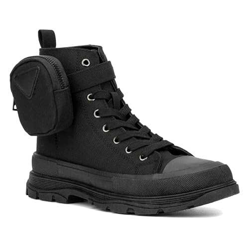 Olivia Miller Women's Fashion Shoes, Leilany Canvas Upper Rubber Sole Lace Up w Zip Pouch, Chunky Heel Round Toe Casual High Top Sneaker Bootie Ankle Combat Boots