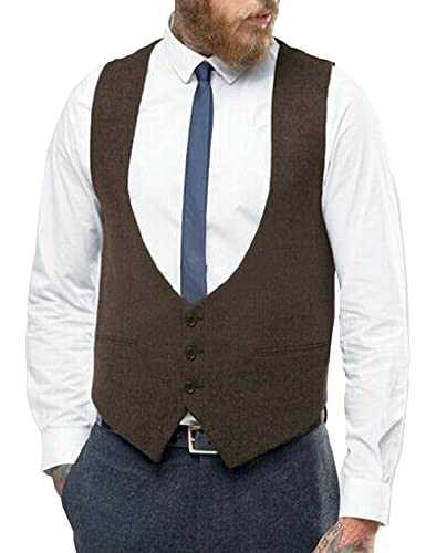 Hann Brooks Mens Single Breast Slim Fit Low U Cut Wool Herringbone Tweed Suit Waistcoat Vest