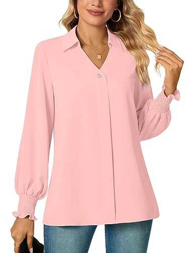 Aodemo Women's Summer Collared V Neck Chiffon Blouse Dressy Business Tunic Petal Short Sleeve Office Shirt Tops for Work