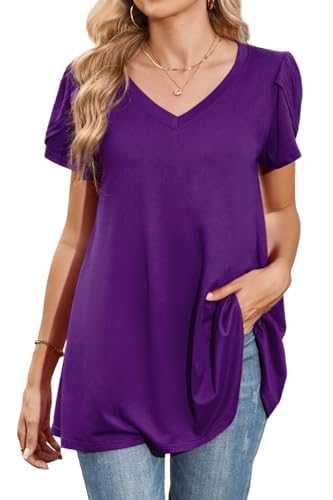 Enmain Women's Tunic Tops Short Sleeve Summer T-Shirt Tunic Blouses for Women Plus Size V Neck Loose Fit Ladies Dressy Casual Swing