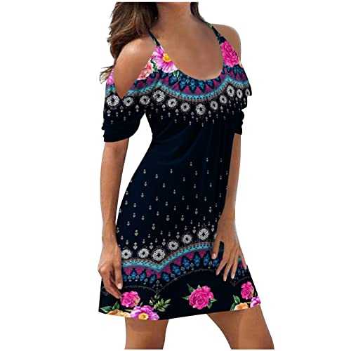 AMhomely Womens Dresses Summer Elegant Floral Printed A Line Swing Dress Cold Shoulder Short Sleeve Round Neck Mini Dress Summer Casual T Shirt Dresses Boho Beach Midi Flowy Dresses