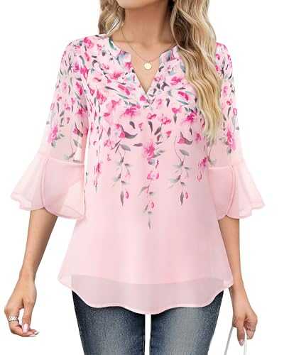 VALOLIA Womens 3/4 Sleeve Tops Dressy Casual Chiffon Blouses Floral Print V-Neck Work Office Shirts