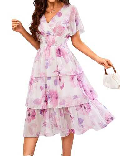 VIDUSSA Women's V Neck Floral Summer Dress Casual Short Sleeve Ruffle Tiered Layered Chiffon Flowy Swing Long Midi Dresses