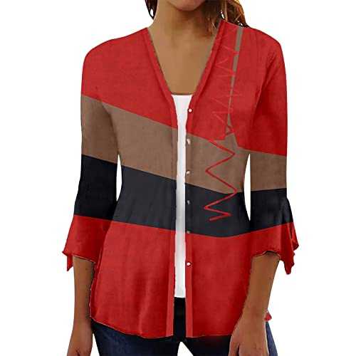3/4 Sleeve Cardigans for Women UK Summer Casual Tops Ruffles Sleeve Plus Size Breathable Cardigans Mid Length Swing T-Shirts Summer Ladies Beach Blouse Floral Printed Holiday Plus Size Tops