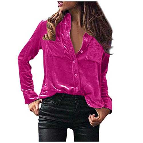 Cenlang Women Retro Velvet Long Sleeve Button Down Shirt V Neck Work Dresses Boyfriend Tunic Solid Color Casual Blouse Tops