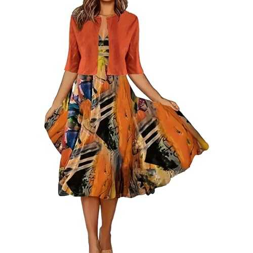 Celucke Summer Dresses for Women UK, Ladies Cardigan Elegant Printed Long Skirt Dress Women's Oversized Two Piece Set, Casual Dresses for Women UK Midi Dresses for Women UK Women's Summer Dresses
