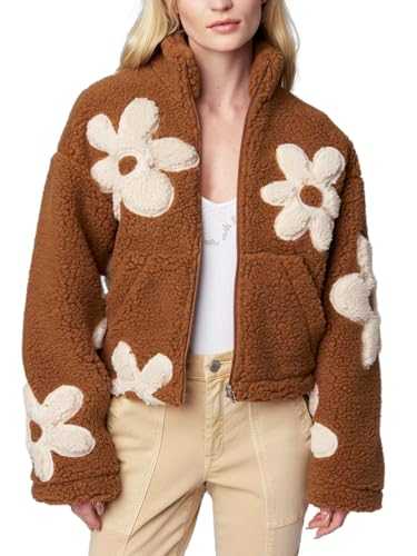 HOULENGS Women's Floral Print Sherpa Fleece Jackets Casual Long Sleeve Zipper Cropped Coat Winter Outwear with Pockets