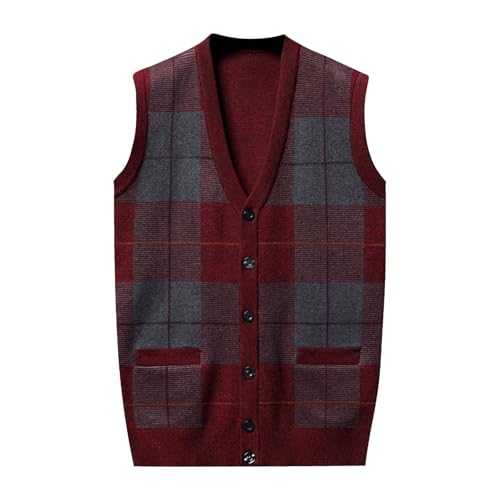 Men's Jumpers Vest,Sleeveless V Neck Sweaters Waistcoat,Button Knitted Wool Sweater Tank Tops,Check Slipover Gilet with Pockets,Slim Fit Casual Knitwear for Men UK Autumn Winter