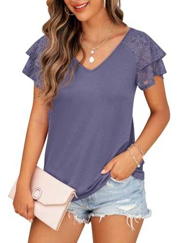 QIXING Women's Summer Blouses Double Lace Ruffle Short Sleeve V Neck Tops Loose Casual Tunic T-Shirts for Women UK