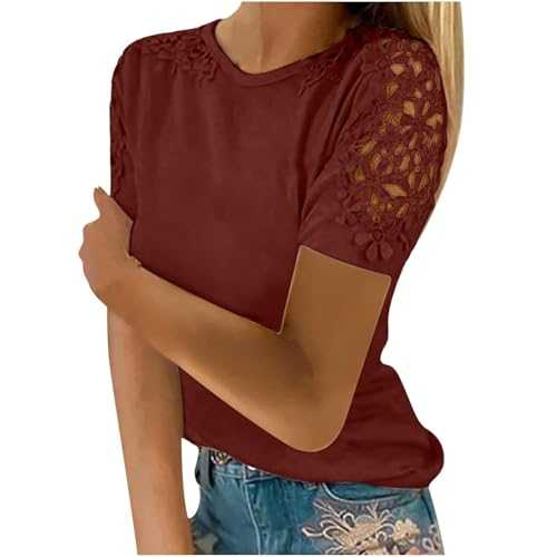 Women Blouse Party Elegant Short Sleeve Tops for Work UK Ladies Solid Short Sleeve O-Neck Pullover Lace Tops Shirts Blouse Business Office Top Ladies Loose Shirt Blouse for 2025 Spring/Summer