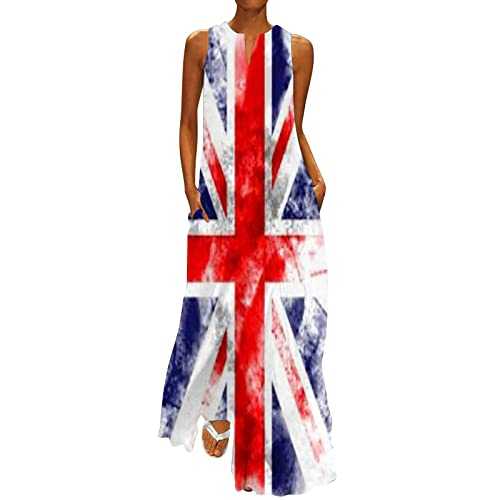 HOOUDO Union Jack Dresses for Women 90s Fancy Dress Costumes Long Maxi Casual Sleeveless British Flag Dress Union Jack Clothing Ladies Summer Coronation Dresses Sun Beach Dress with Pockets