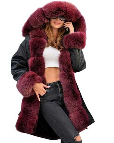 Aox Women Winter Faux Fur Hooded Coat Lady Warm Lined Thicken Parka Jacket Plus Size Outdoor Overcoat