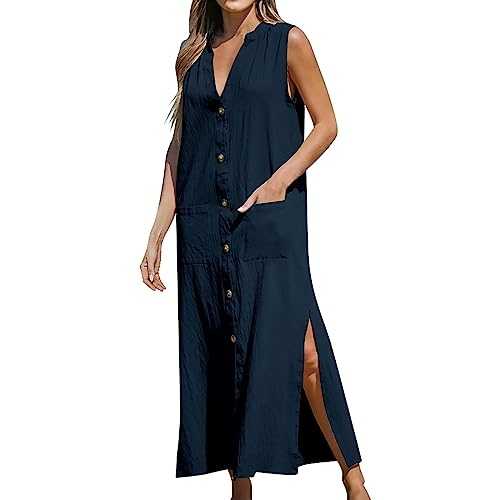 Dress for Women Sexy Ladies Cotton Linen Single Breasted V Neck Long Long Elegant Dresses