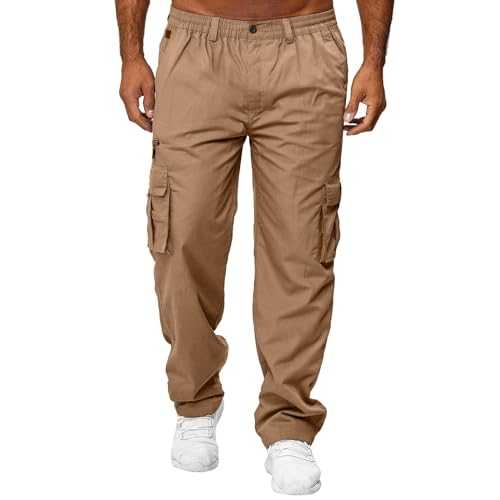 Mens Casual Cargo Workwear Trousers, Elasticated Waist Combat Work Pants, Loose Jogging Tracksuit Bottoms, Lightweight Breathable Outdoor Sweat Pants, Straight Leg Work Trousers with Multi-Pocket