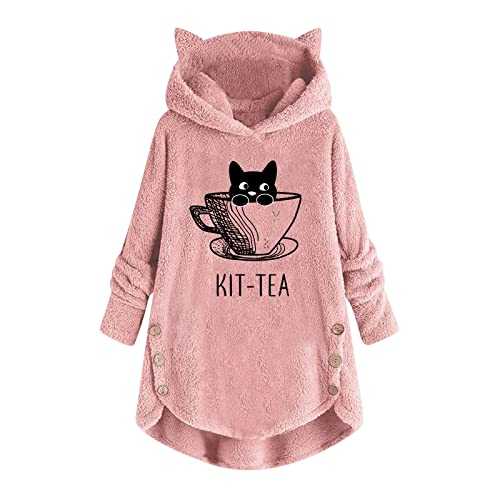 AMhomely Ladies Casual Pullover Hoodie Jumper Long Sleeve Loose Hooded Top Cat Owl Print Sweatshirt Winter Cat Ear Lounge Wear Warm Clothing