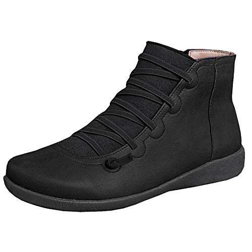 Women's Casual Leather Classic Lace-up Side Zipper Arch Support Flat Heel Ankle Boots, 766 Black, 3.5 UK