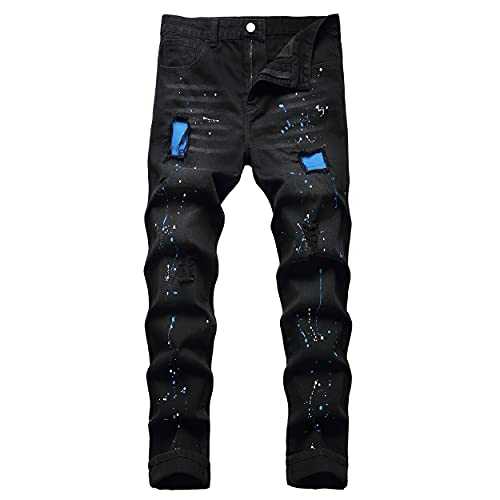 QIMYUM Mens Ripped Jeans, Distressed Destroyed Slim Fit Straight Leg Denim Pants