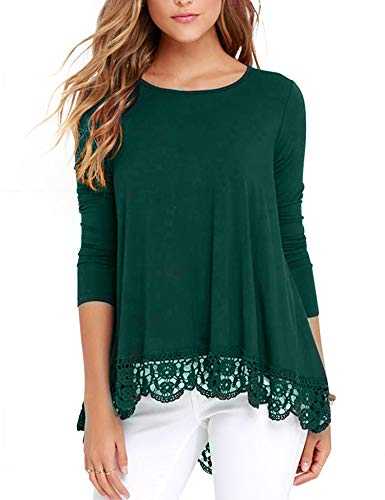 RAGEMALL Women's Tops Long Sleeve Lace Trim O-Neck A-Line Tunic Blouse Tops for Women