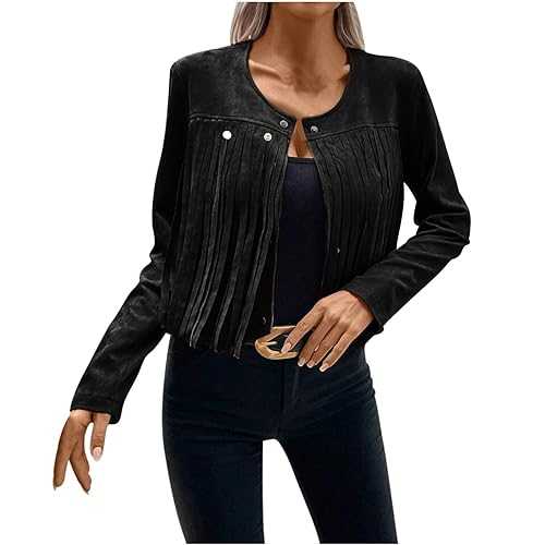 HAOLEI Women Fringe Faux Suede Leather Jackets Fall Winter Long Sleeve Lapel Fashion Tassel Motorcycle Cropped Coats Ladies Velvet Tassel Jacket Trim Button Down Cardigan