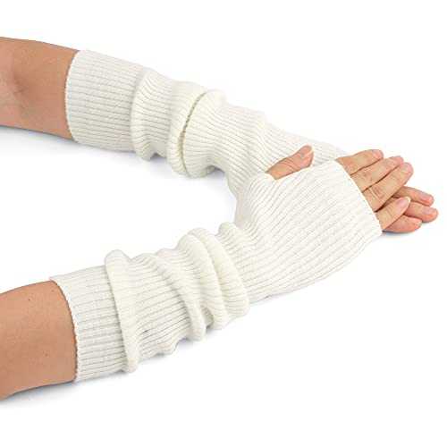 Zeltauto Women’s Cashmere Blended Knit Arm Warmers Elbow Length Long Fingerless Gloves Mittens with Thumb Hole