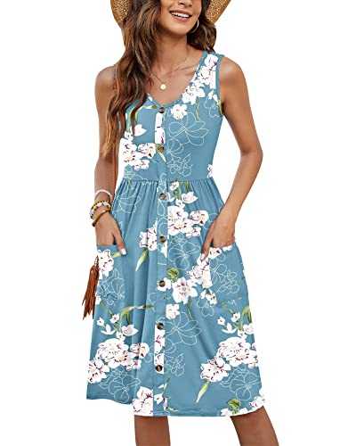 Molerani Summer Dresses for Women - UK Sleeveless Ladies Dress with V Neck, Beach Dress, Swing Button Midi Sundress with Pockets