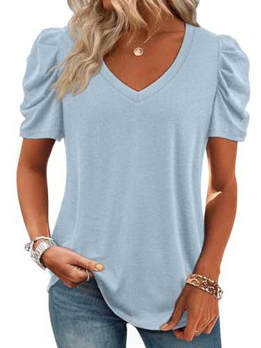 ATHMILE Womens Summer Shirt V Neck Casual Tshirts Puff Sleeve Tops for Women Trendy 2025 Tunic Solid Color