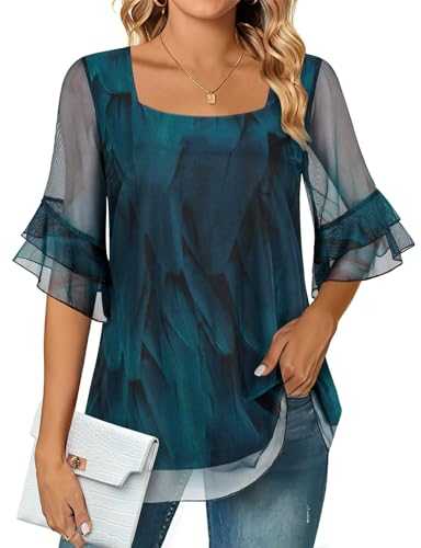 ACDAY Womens Blouses 3/4 Sleeve Dressy Tops Square Neck Chiffon Top Double Layers Tunic Tops Loose Flowy Mesh Shirts S-3XL