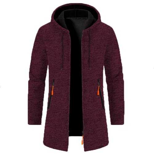 Winter Jackets for Men UK Long Trench Coat with Hood Knitted Cardigan Warm Fleece Plush Winter Coats Regular Fit Mid Length Overcoat Solid Color Zip Up Jacket Windbreaker Coat with Zipper Pocket