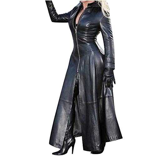 NUSGEAR Women Faux Leather Trench Coat Gothic Long Coats Sale Clearance Ladies Steampunk Overcoats Jacket Vintage Sexy Autumn Winter Windbreaker Long Leather Coat UK Size 8-16