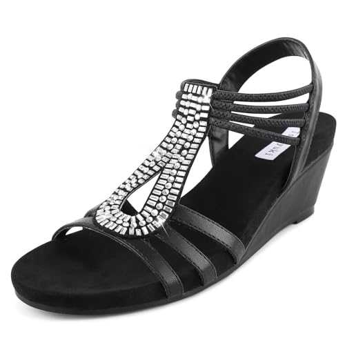 Tscoyuki Womens Rhinestones Wedge Sandals Slip-On Elastic Open Toe Sandals for Woman Dressy Comfortable Wedding Shoes