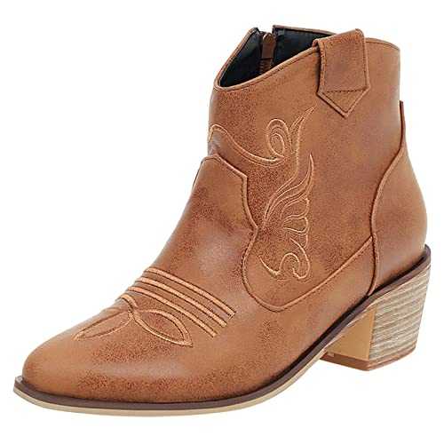 Women Classic Ankle Cowboy Chelsea Block Heel Zip Western Embroidered Boots