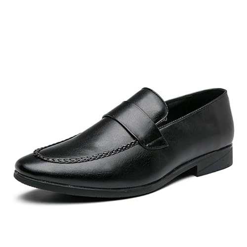 HOOENG Oxford Shoes for Men Slip On Pointed Toe PU Leather Apron Toe Penny Loafer Low Top Rubber Sole Block Heel Casual