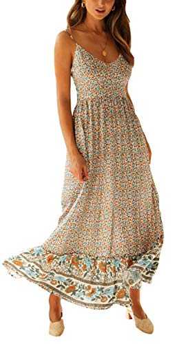 Longwu Women's Boho Sexy Floral V Neck Adjustable Spaghetti Strap Backless Elastic Waist Sundress Summer Maxi Dress Beige-S