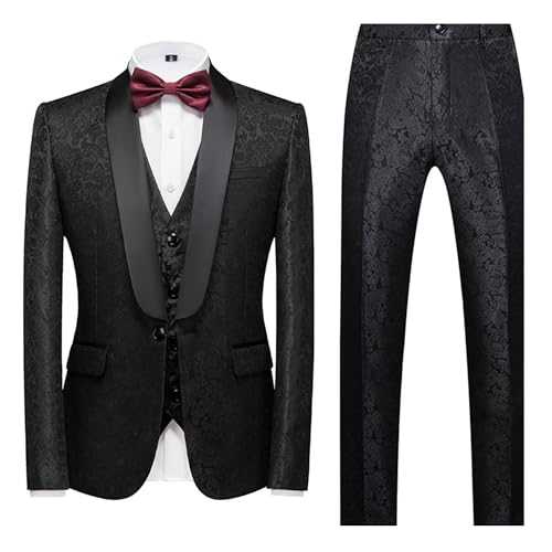 Men's Jacquard 3 Pieces Tuxedo Casual Slim Fit Suit Classic Fit Blazer Vest Pants Set