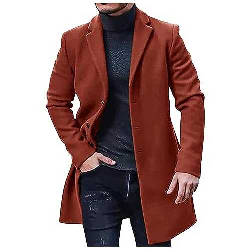 AMhomely Long Coat For Men Uk Casual Pea Coat Outwear Long Sleeve Notch Lapel Button Down Trench Coats Solid Woolen Overcoats Outerwear Casual Woollen Blazer Loose Fit Coats Sale Clearance